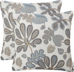 Set of 2 Jacquard Tropical Leaf Pattern Throw Pillow Covers Decorative Pillowcase 20X20 Inches,Blue Cream