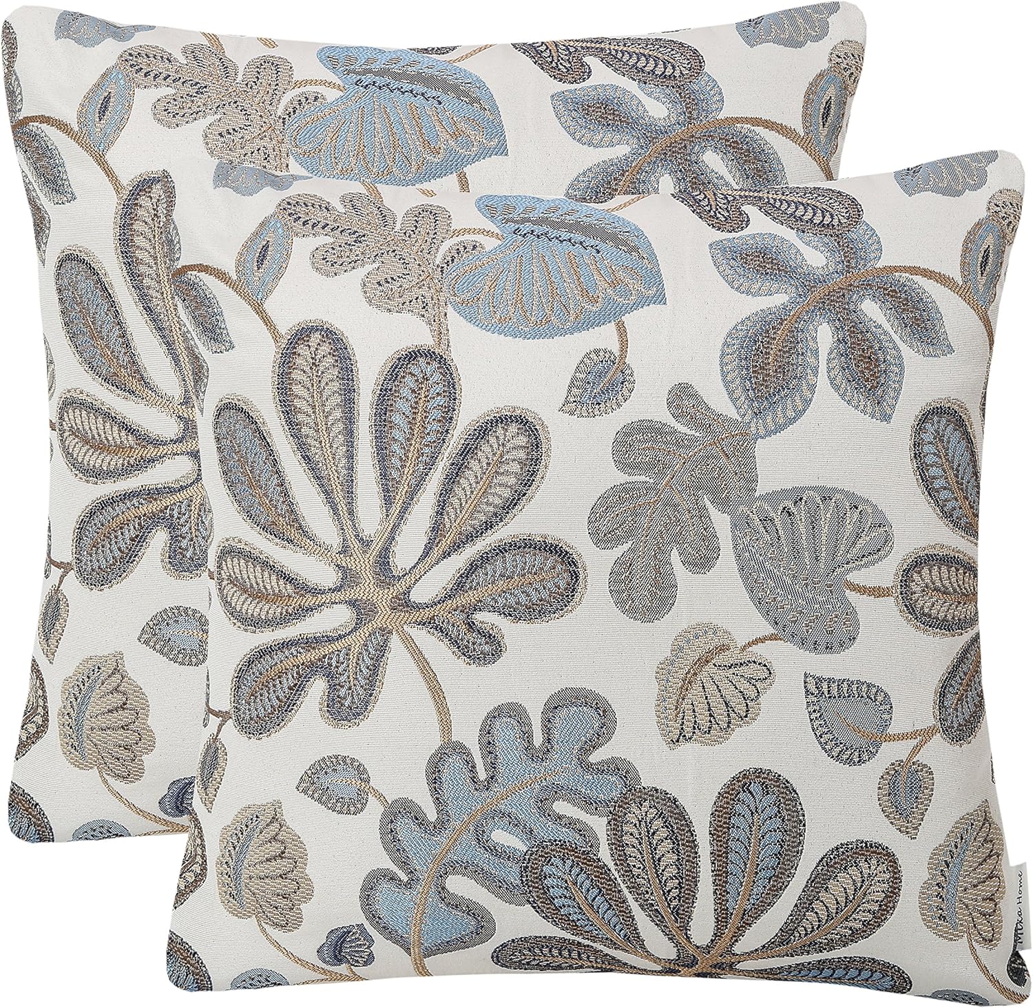 Set of 2 Jacquard Tropical Leaf Pattern Throw Pillow Covers Decorative Pillowcase 20X20 Inches,Blue Cream